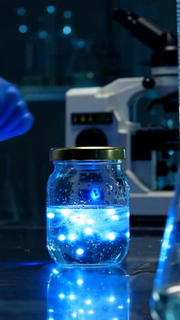 a gloved hand interacts with a jar of glowing blue liquid in a laboratory setting