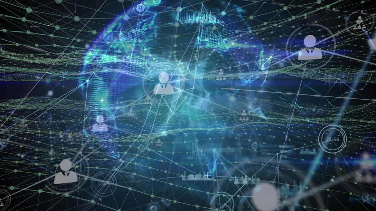 animación de la red de conexiones con iconos y procesamiento de datos sobre fondo negro