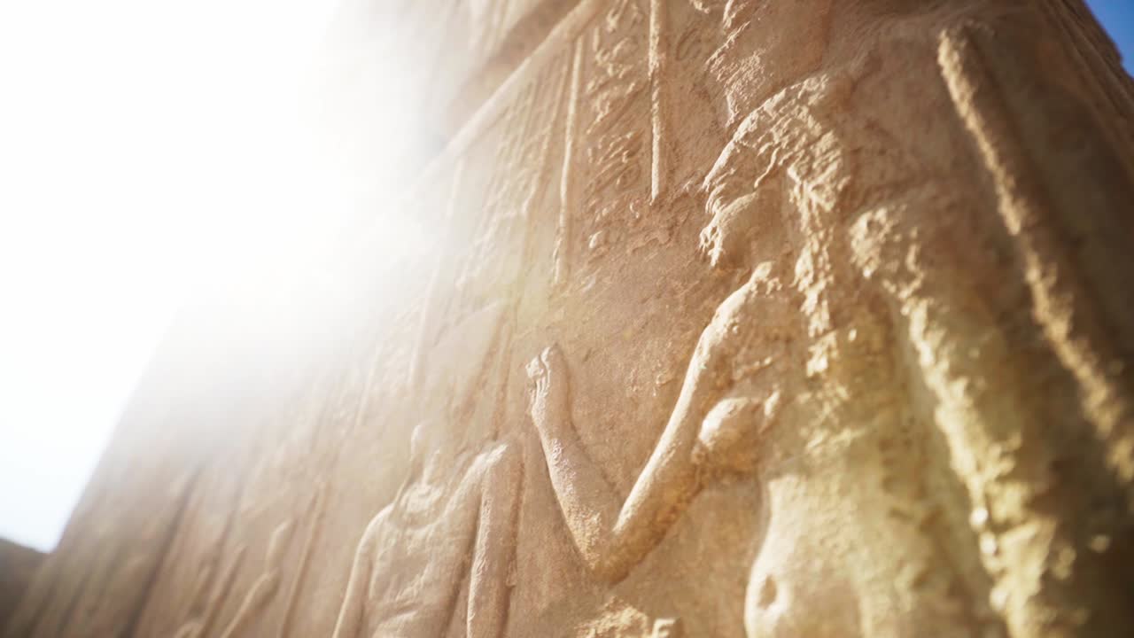 Detailed stone carving in the Karnak Temple. An egyptian queen with a hand reaching towards a soft sun flare.Slow rotation.