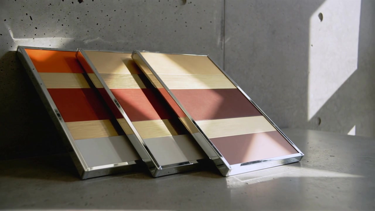 Shifting window sunlight hitting three metal-framed sample panels in studio, highlighting gloss