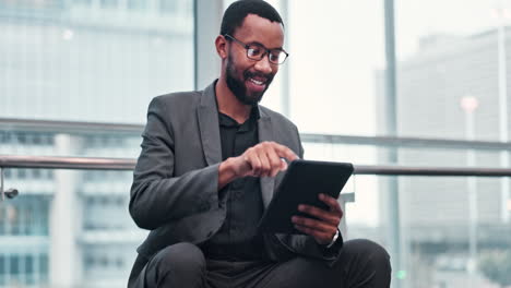 Corporate,-tablet-and-black-man-in-a-workplace