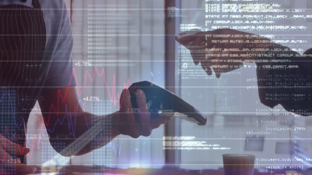 바이너리 코드, 컴퓨터 언어 및 그래프의 애니메이션을 고객의 스캔 전화의 절단 손 위에