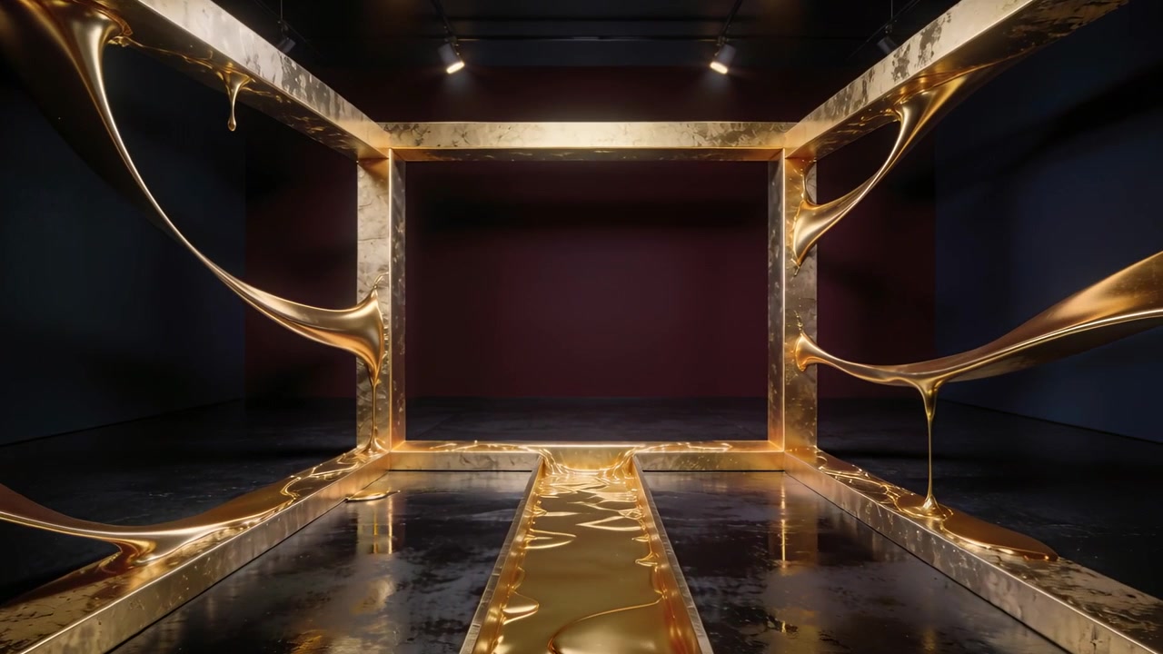 Fari che illuminano una struttura metallica, creando nastri d'oro fuso che crescono e si accumulano su un pavimento riflettente.