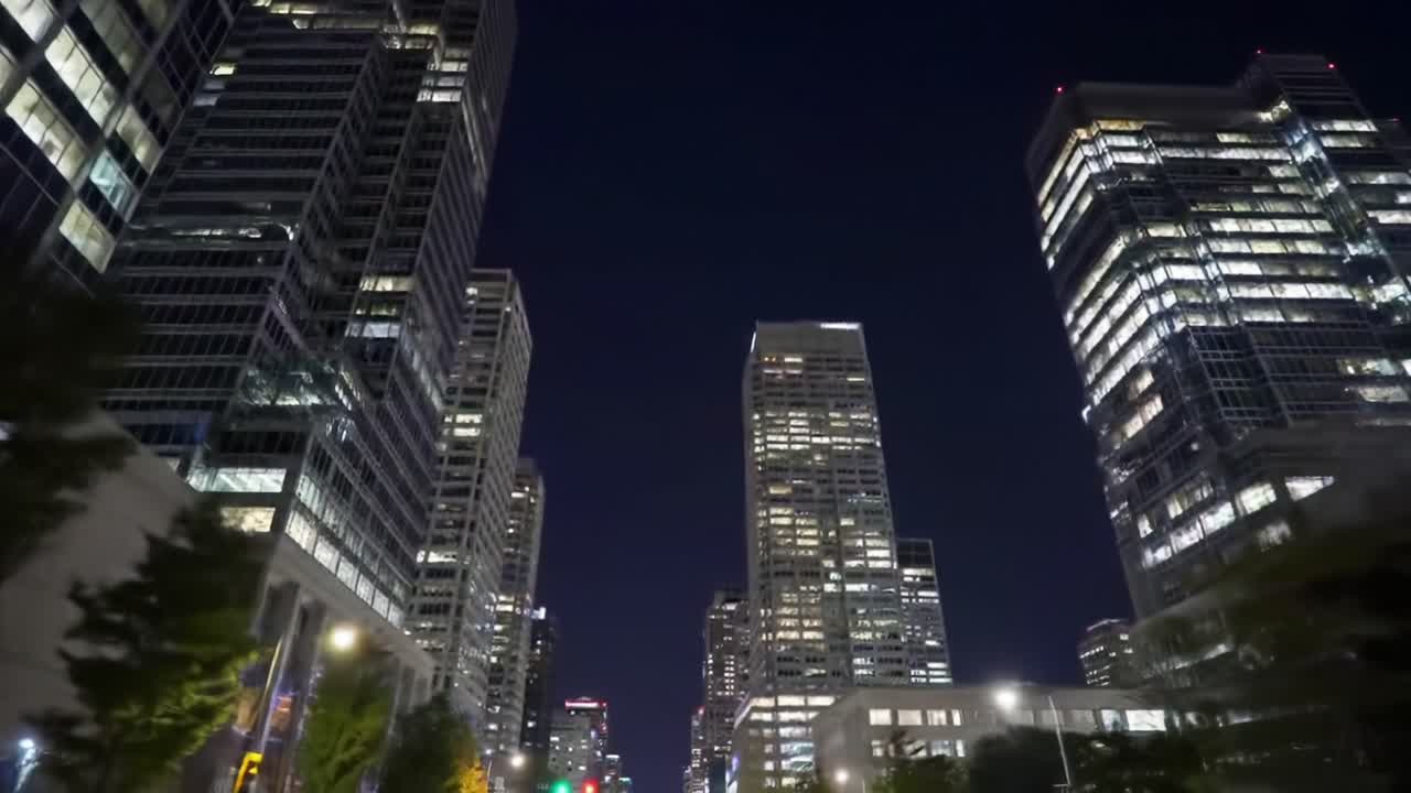 A Captivating Night View of Modern Skyscrapers Illuminated Against the Dark Sky, Showcasing Urban Architecture and City Life from a Dynamic Perspective