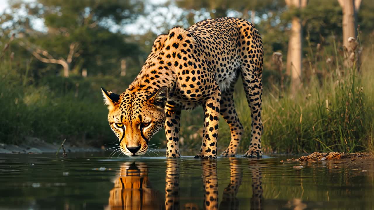 Emerging cheetah stepping from tall grasses onto pool edge in warm savannah, lapping water droplets