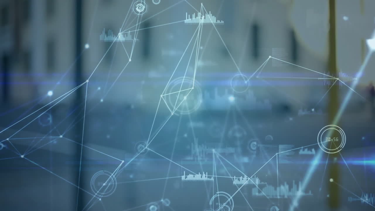 Processing data and network connections animation over blurred cityscape background