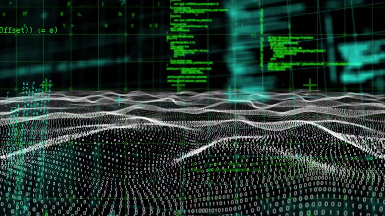 Animation of science data processing over dark background