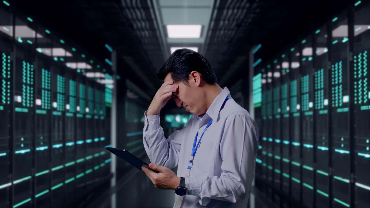 Side View Of An Asian Male Professional Worker Standing With His Tablet in Server Room Data Center, Checking With Dissapionted And Nodding His Head
