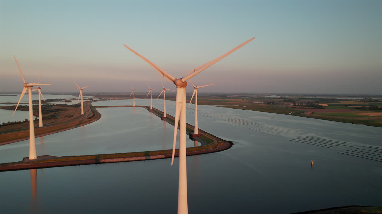 Aerial View of Offshore Wind Turbines at Sunset