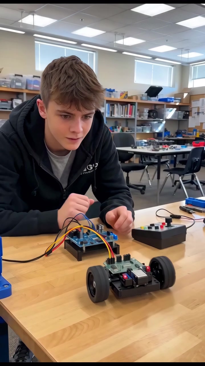 Male Student Assembling Robot Car In Classroom Makerspace, Wiring Microcontroller Board, Testing Wheels,
