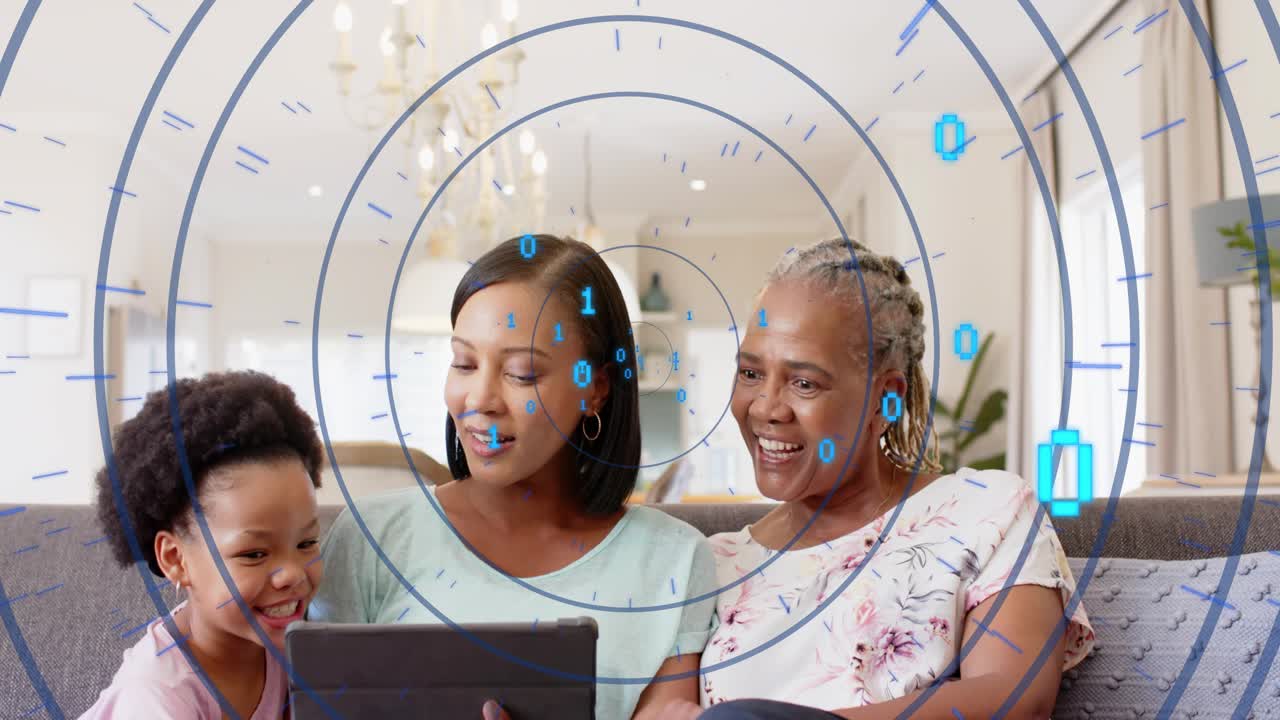 Mom tapping tablet, navigating, tech circles and binary overlaying, gran and child laughing to bond