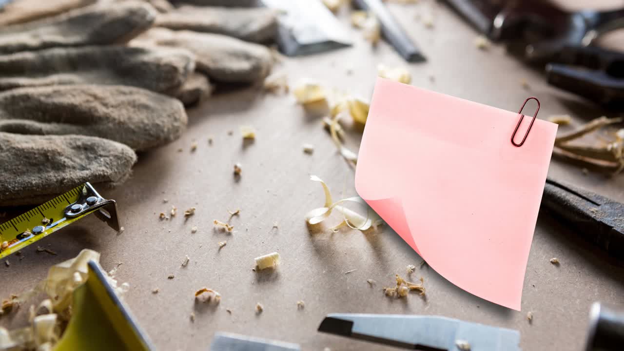 목수 의 작업 표면 위 에 복사 공간 이 있는 메모 메모 의 애니메이션