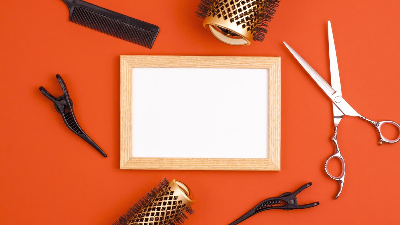 Stop motion animation mockup wooden frame of professional hair cutting shears, gold round hair brush for styling, comb for separating hair and section hair clips template. Hairdresser salon equipment