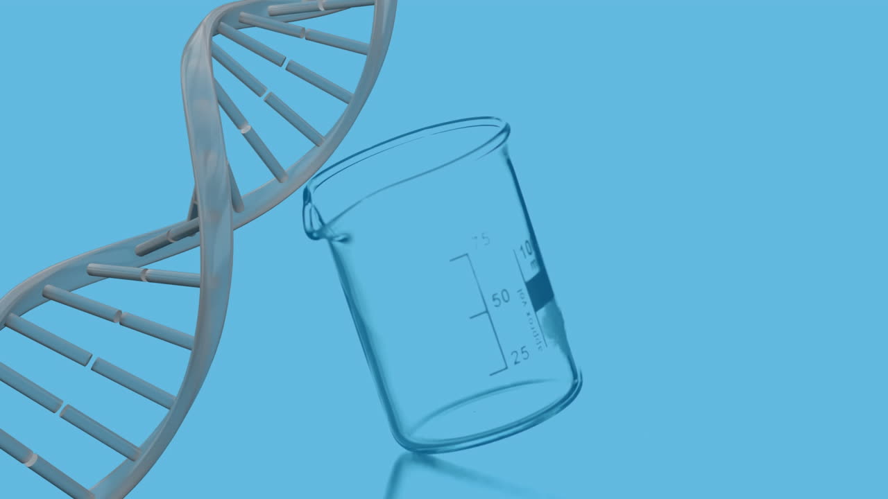 Animation of dna strand spinning over laboratory beaker