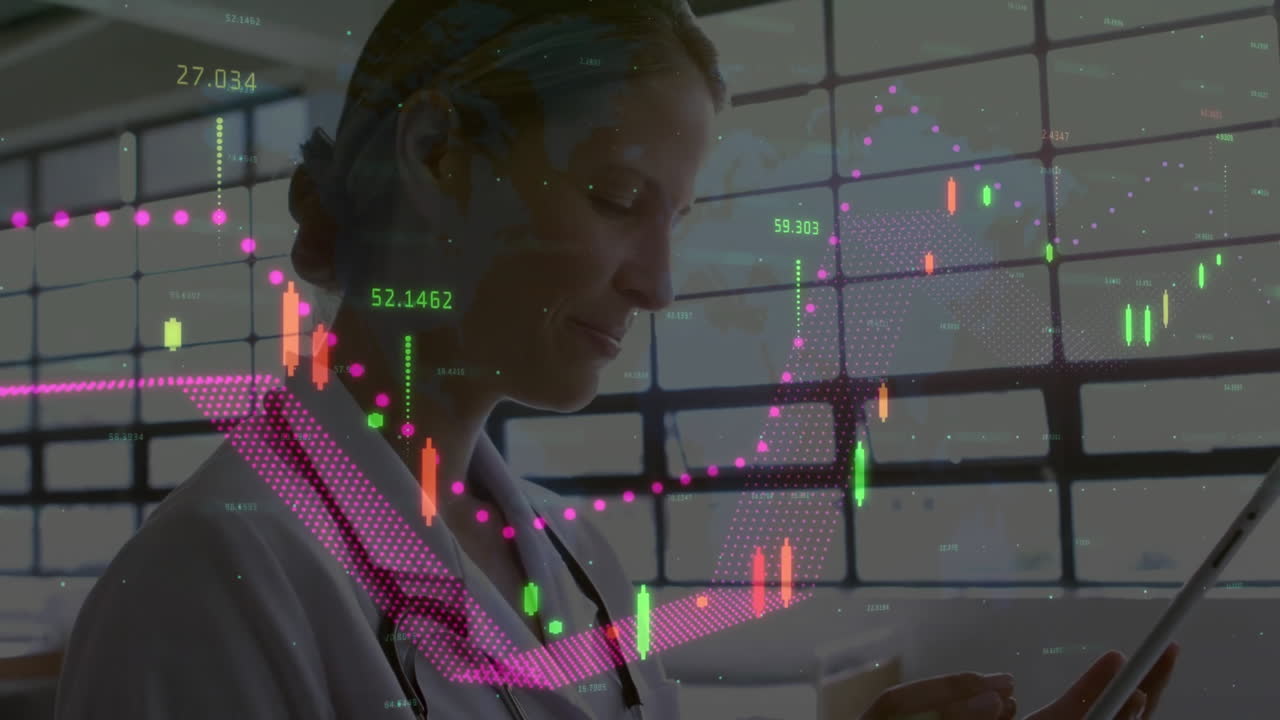 Animering av datahantering över kaukasisk kvinnlig läkare