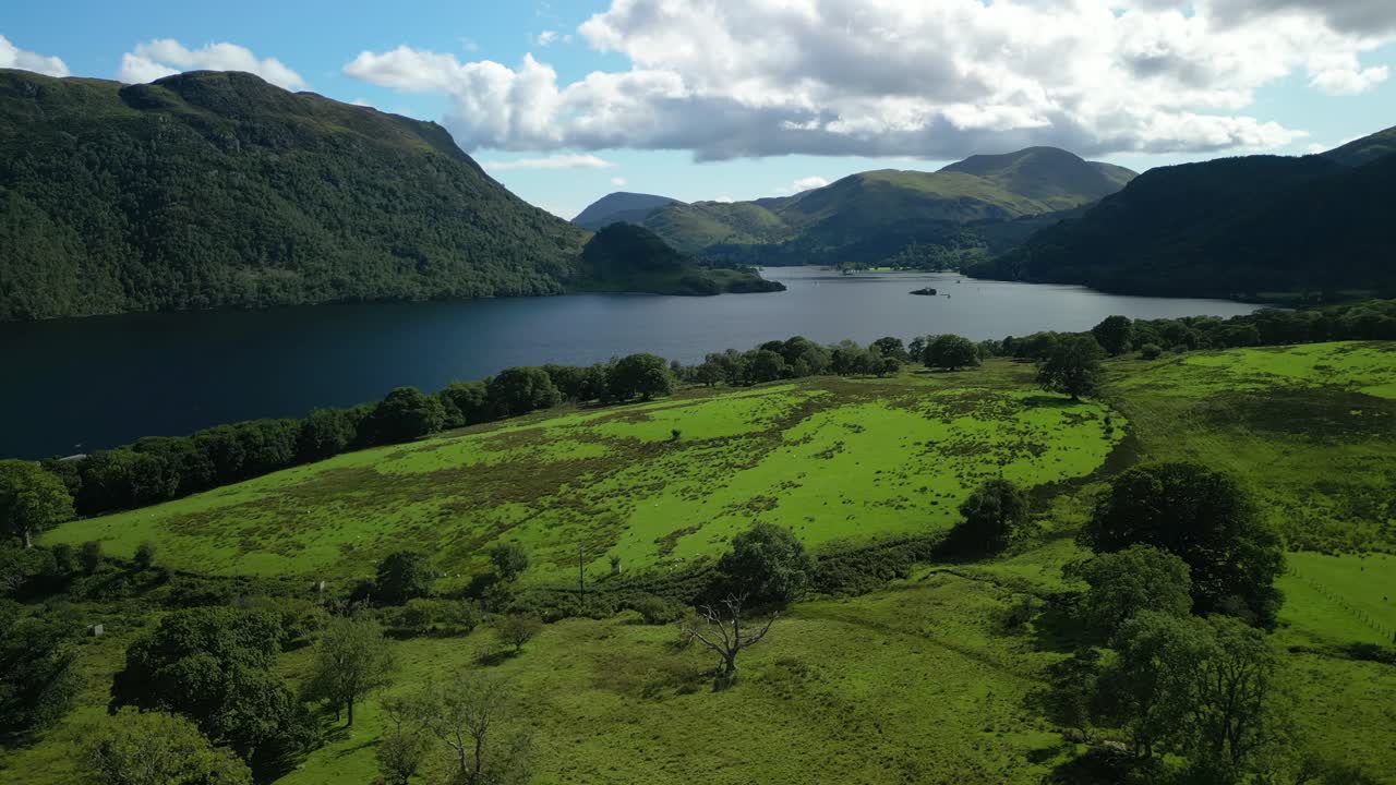 밝은 여름 날에 숲이 우거진 산으로 둘러싸인 어두운 호수 쪽으로 숲이 우거진  ⁇ 을 날고