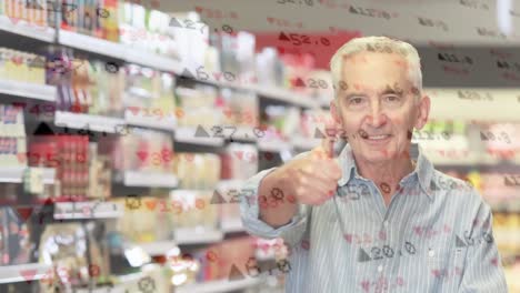 stock market data processing against senior man shopping in grocery store