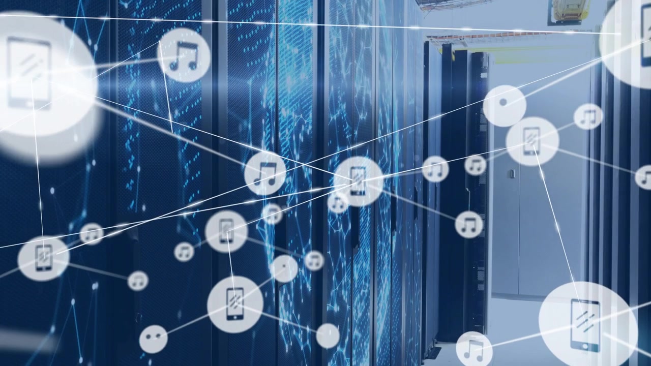 Single node appearing, nodes spawning and linking, expanding forward showing data flow across racks