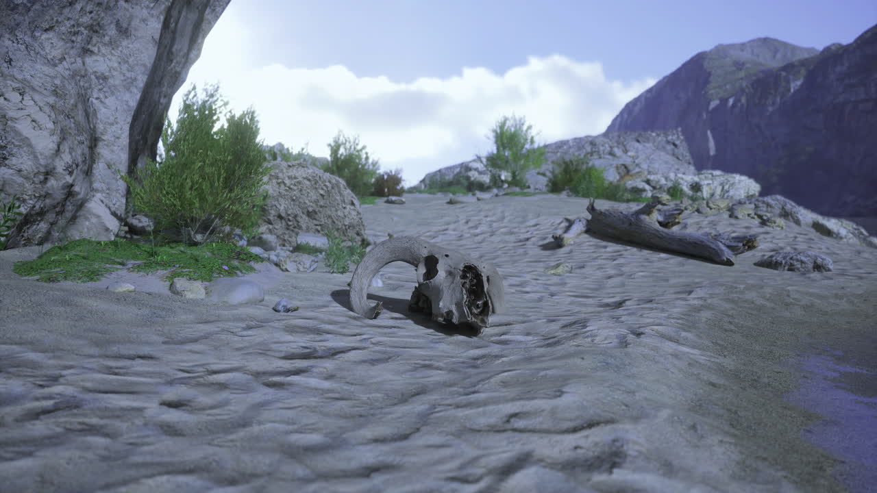 Desert landscapes featuring a skull on the sandy terrain near rocky formations