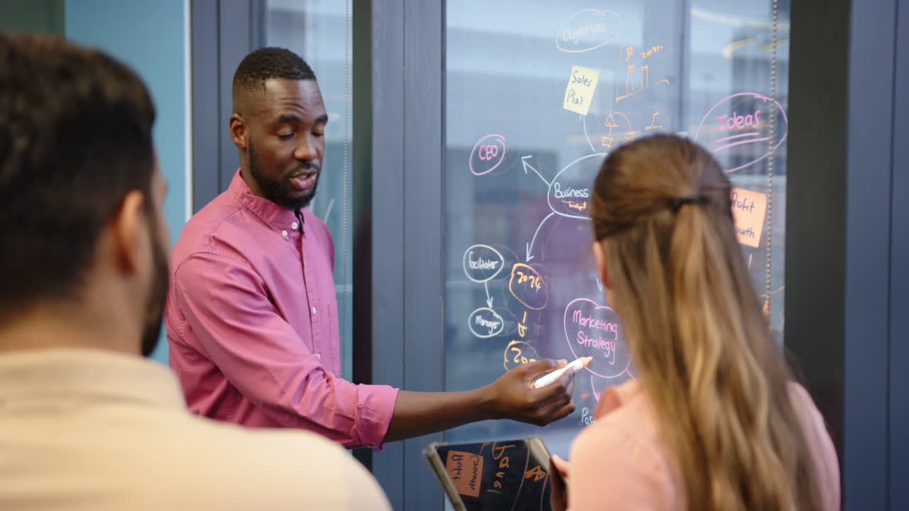 Homme présentant une stratégie marketing, expliquant des idées sur un tableau en verre à ses collègues.