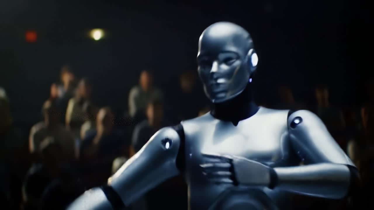 A humanoid robot showcases its capabilities by engaging the audience in a technology demonstration at a large event. People observe intently as the robot performs gestures.