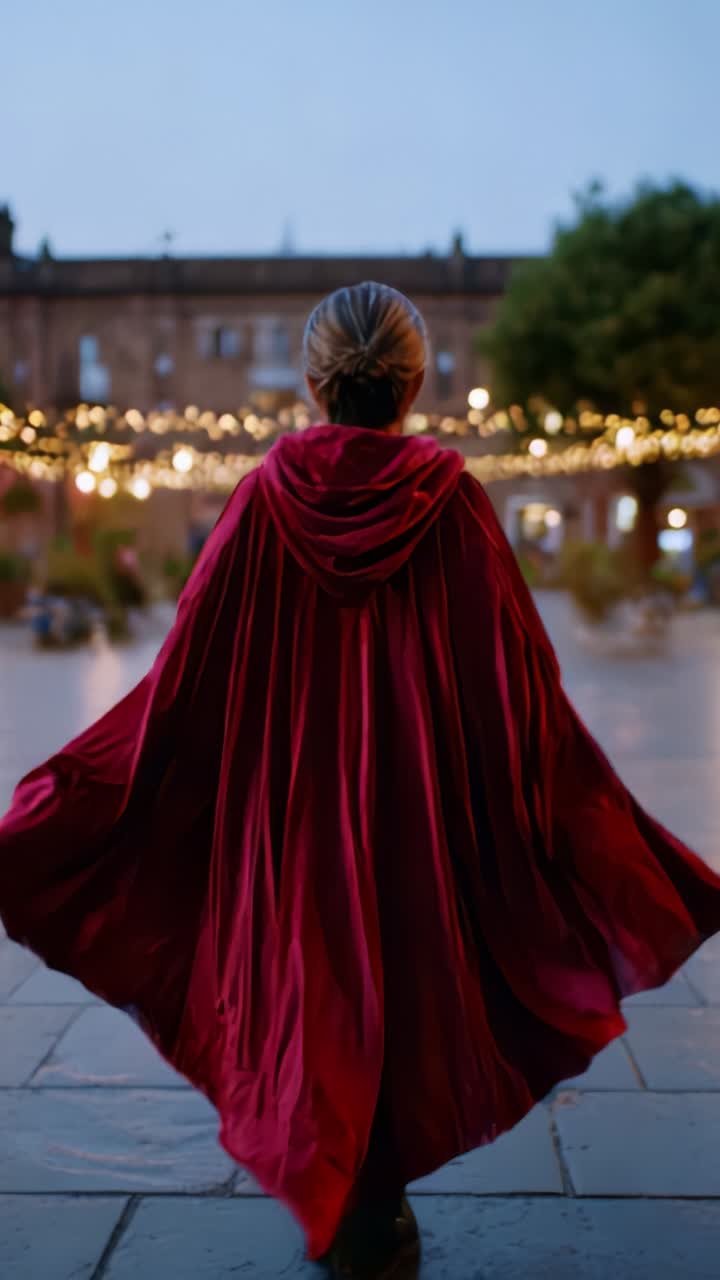 Una mujer con una capa roja ondeante se aleja con elegancia, iluminada por luces fascinantes, mostrando la belleza del atardecer en un entorno exterior vibrante.