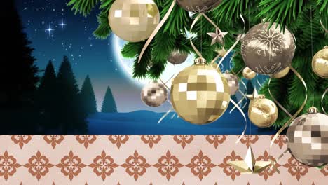 Animation-of-christmas-decoration-snow-falling-and-winter-scenery