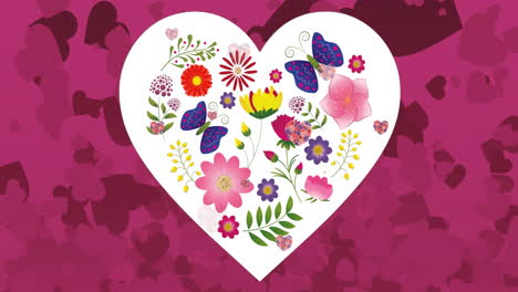 animation of multiple hearts over heart with flowers on pink background