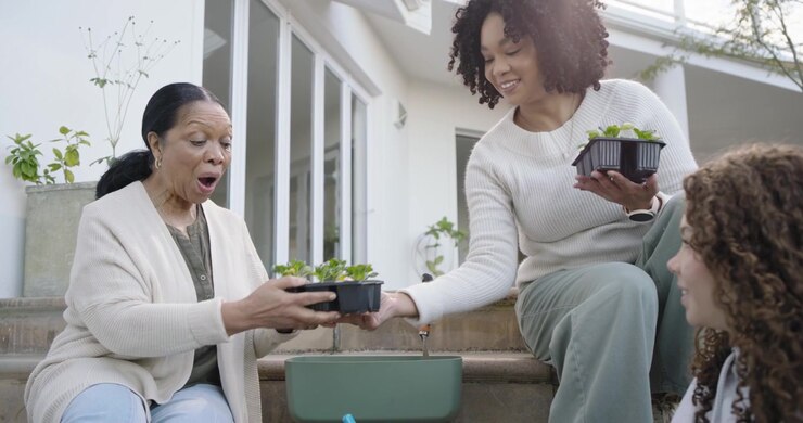 African female family planting seedlings on tiled steps with adult carrying trays and blue trowel