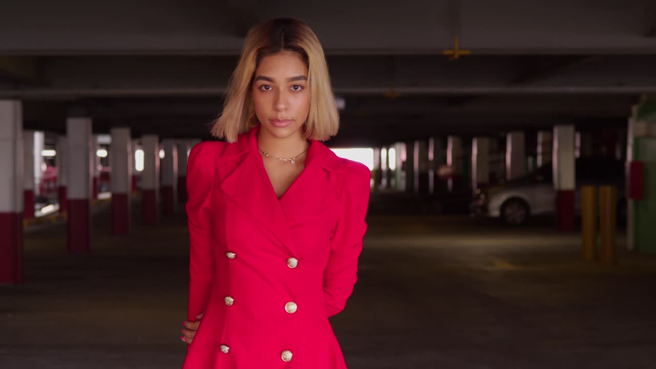 도시의 주차장 안에서 젊은 히스패닉 소녀가 짧은 빨간 드레스를 입고 고 있습니다.