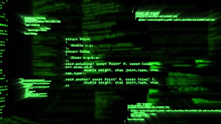 Animazione digitale di schermi multipli con elaborazione dati su sfondo nero