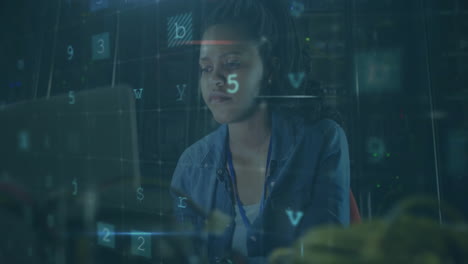 animación de texto de advertencia de virus y procesamiento de datos sobre mujer de negocios biracial por servidores