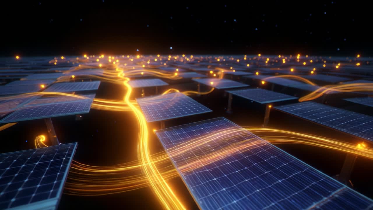 A captivating visualization of solar energy harnessing, showcasing vibrant energy flow represented by glowing streaks over a vast array of solar panels set against a starry night backdrop, highlighting renewable technology