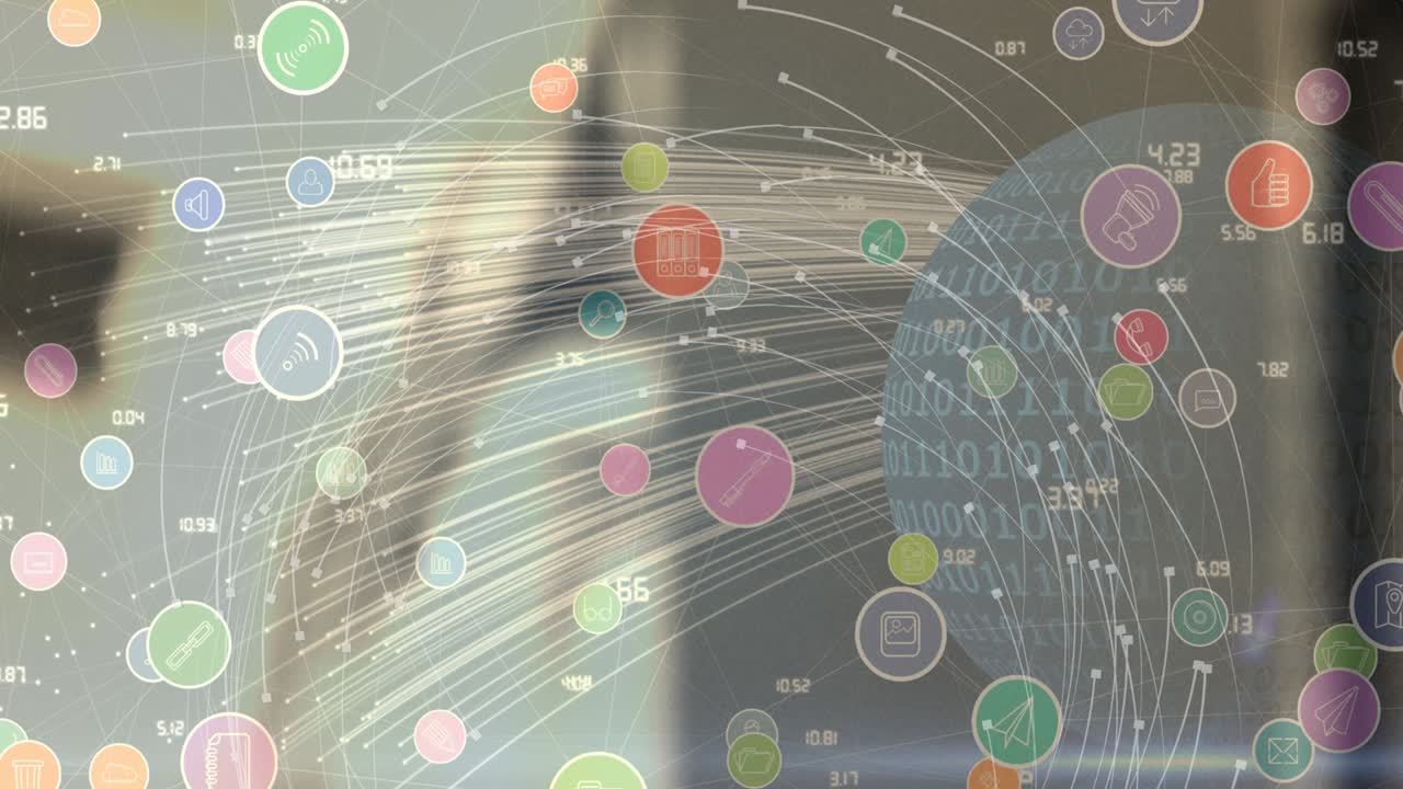 흐릿한 배경 위에 디지털 아이콘이 있는 지구의 애니메이션