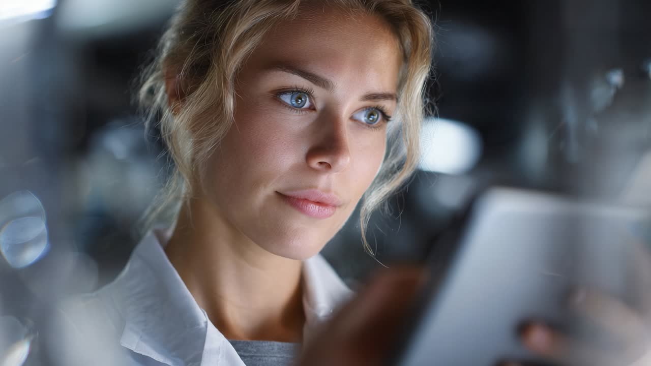 Woman in Lab Coat Using Tablet