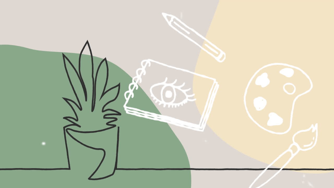 animación de iconos escolares dibujados a mano sobre una planta sobre fondo amarillo y verde