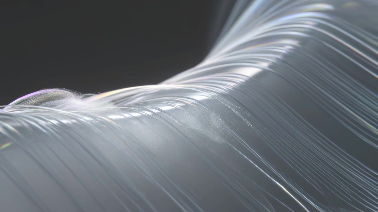 Flowing translucent ribbon film slowly moving in studio under light, revealing bubble and filaments