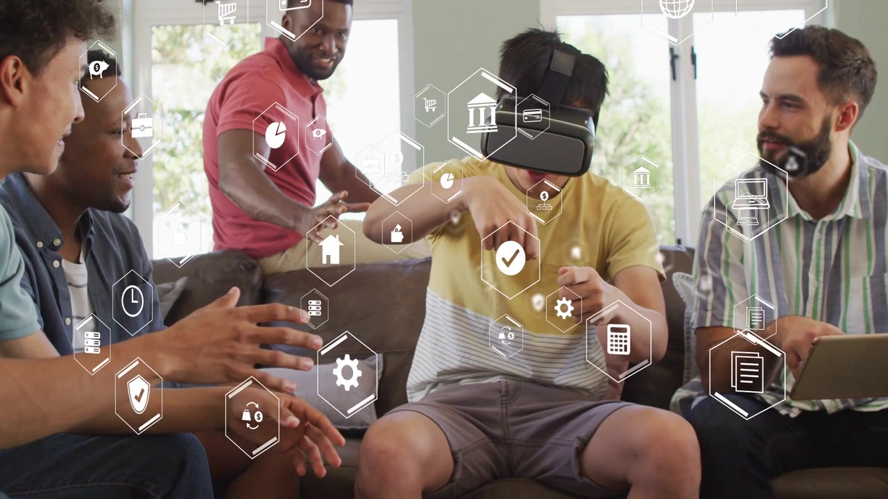 VR user putting on headset and manipulating hex UI while friends leaning in for tech demo