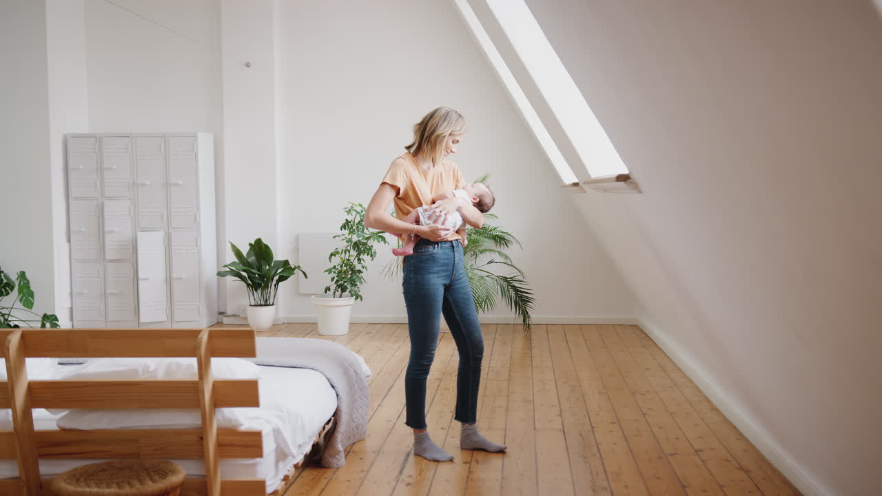 Kærlig mor holder sovende nyfødt babysøn derhjemme i en loftslejlighed.