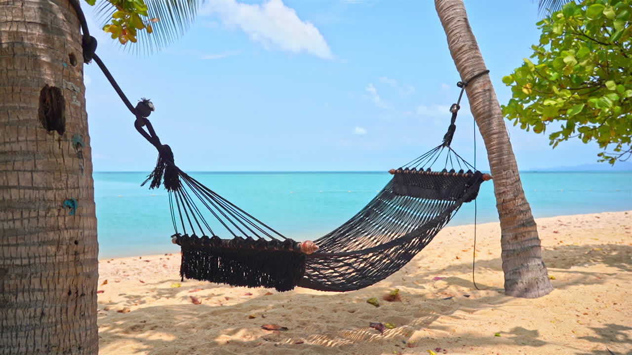 una gran hamaca de cuerda de color oscuro se mece con el viento sobre una playa de arena