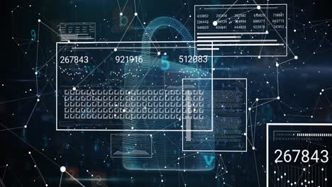 animation of interface with data processing over security padlock icon and network of connections