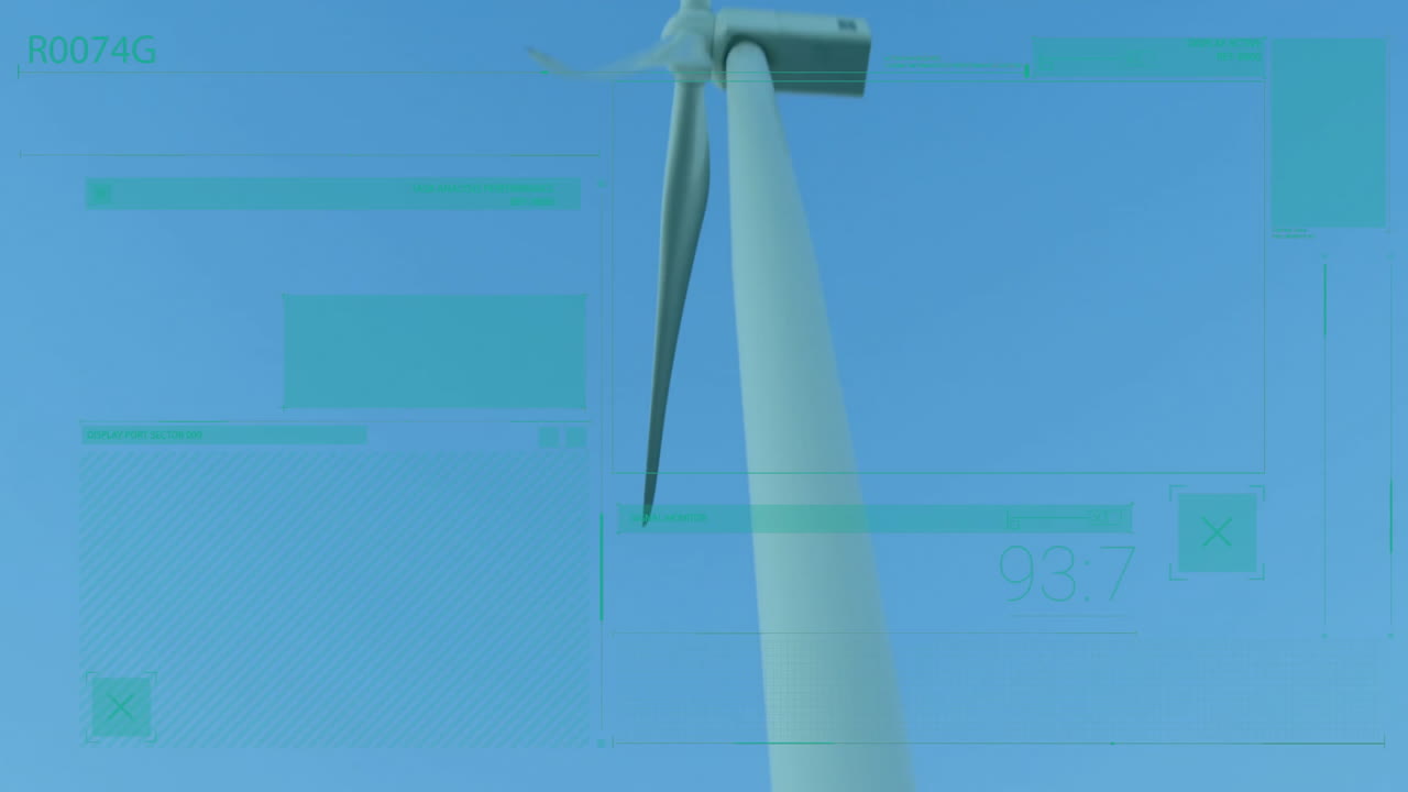 Wind turbine tower rotating upward under clear sky, showing translucent green HUD interface panels