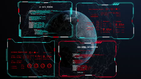 Animación-Del-Procesamiento-De-Datos-Digitales-En-Pantallas-Y-Globo-Sobre-Fondo-Negro