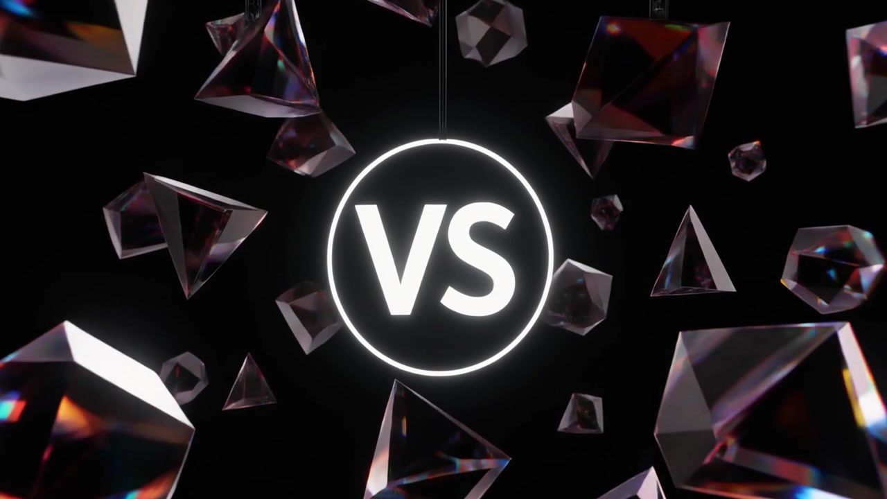 Versus Text Graphic Surrounded by Floating Geometric Crystal Shapes