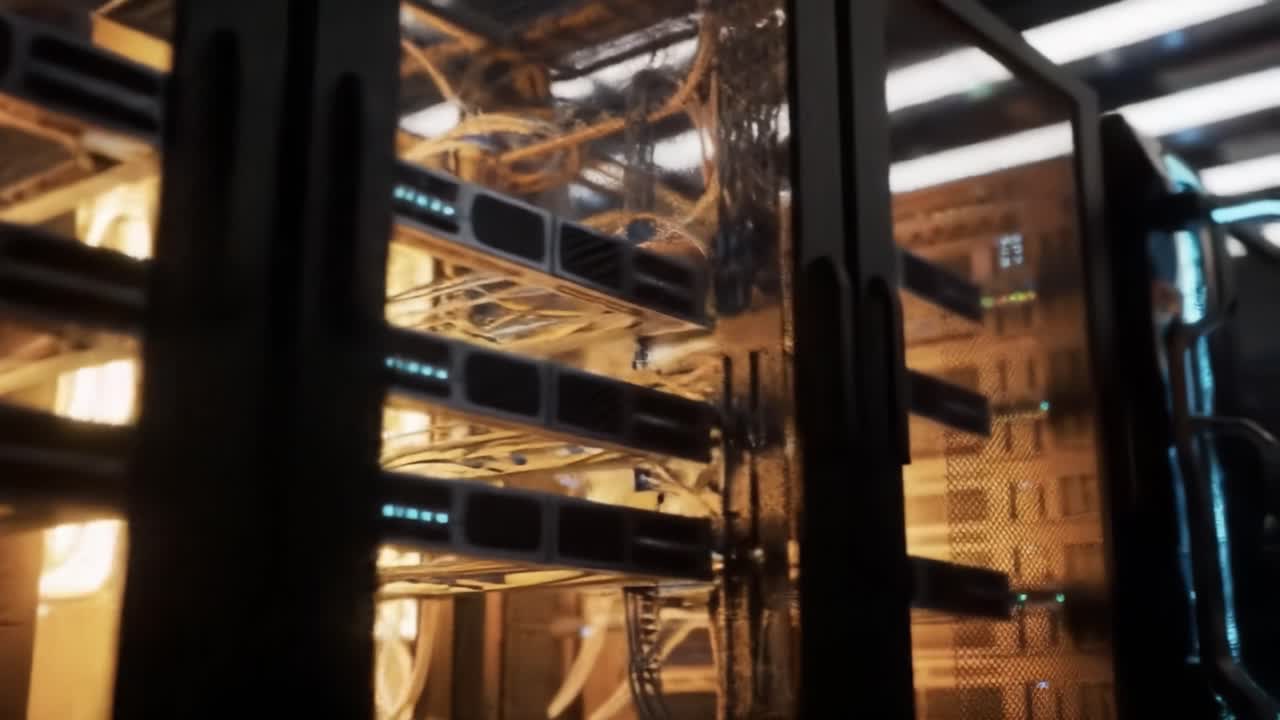 A glimpse into a modern data center with rows of server racks illuminated by warm lighting. Cables connect the devices, showcasing advanced technology in a secure setting.