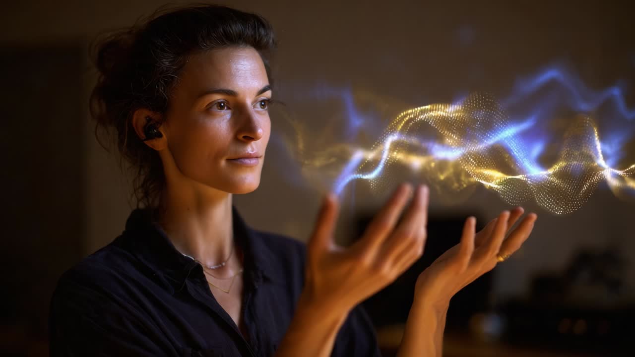 A woman gracefully manipulates colorful waves of energy in a dimly lit room, showcasing poise and a sense of connection to unseen forces, embodying creativity and the power of imagination