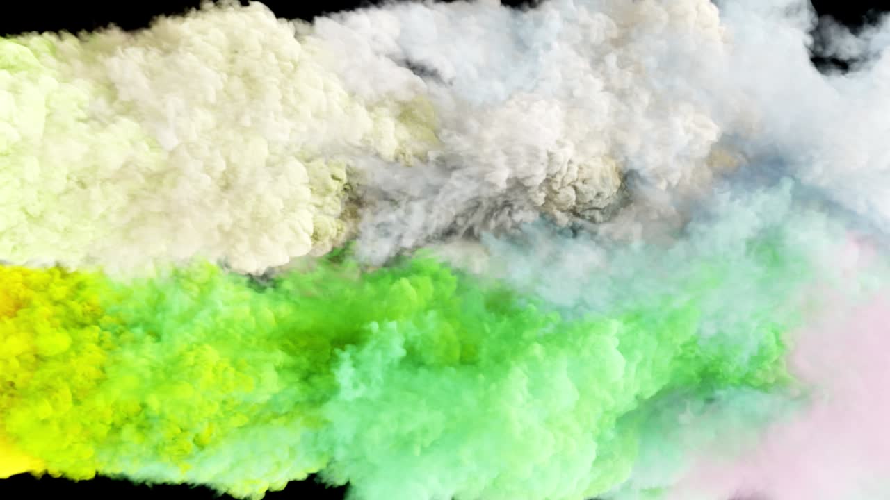 은색과 파란색의 구름, 혼란과 속도로 흐르는 연기 효과, 검은색 배경에 고립된 구름 충돌, 색상 추상 연기 폭발 동적 흐름, 3d 렌더링