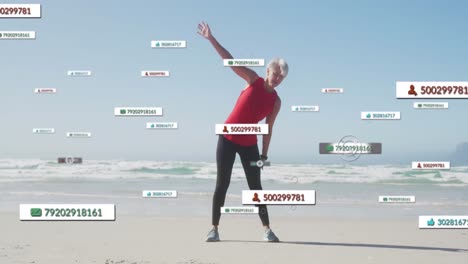Animation-of-social-media-notifications,-over-woman-exercising-on-beach