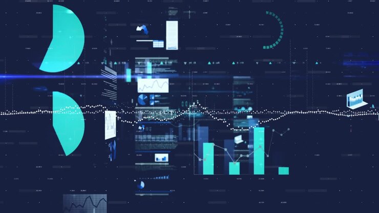 Animation of financial data processing over blue background
