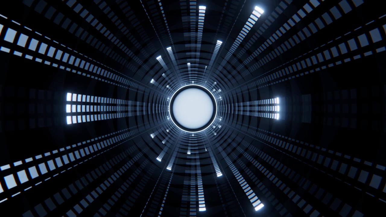 Futuristisch digitale tunnel met gloeiende blauwe lichten en cirkelvormig portaal